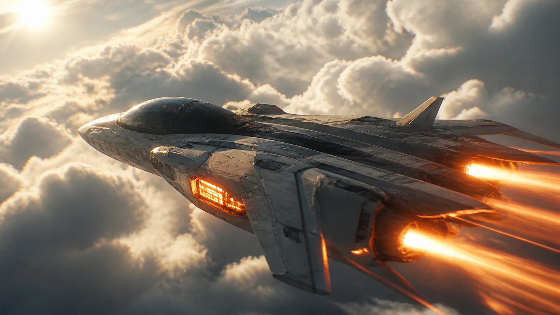 Fighter jet flying through sunlit clouds