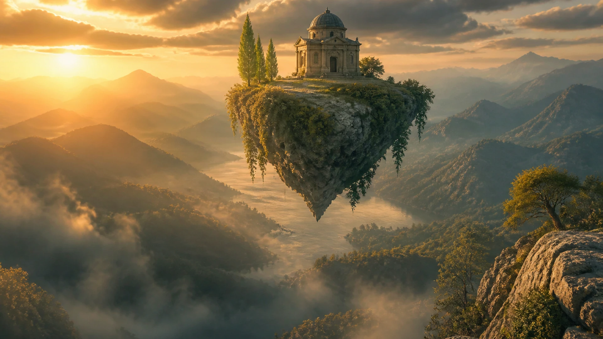 Floating-island temple at golden hour
