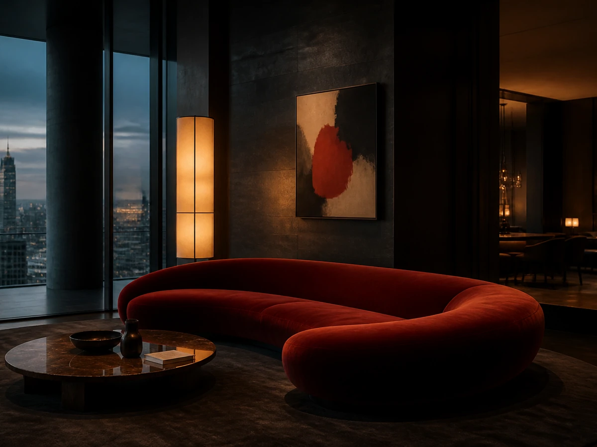 Penthouse living room with a red velvet sofa at twilight